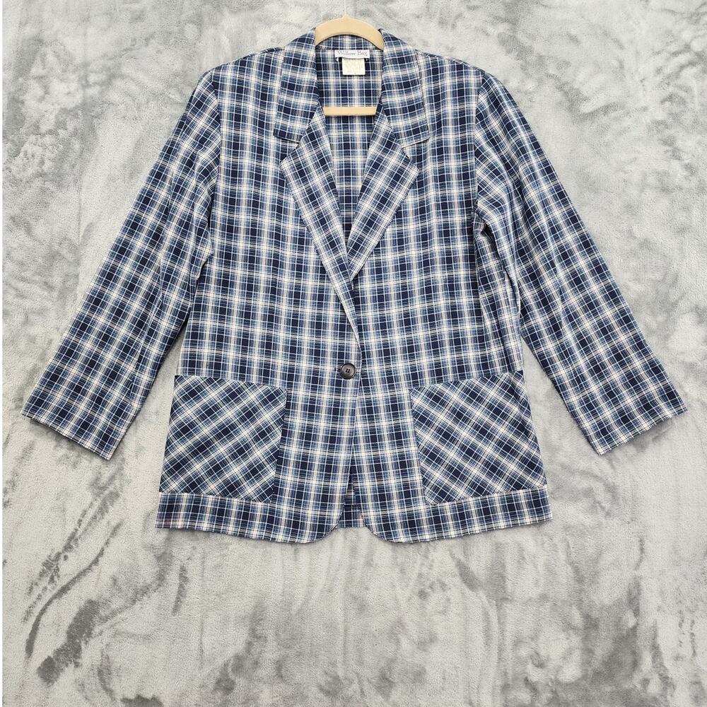 Vintage Willow Bay Blazer Womens M Blue White Plaid Linen Blend‎ Single-Button